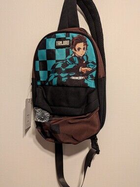 Bioworld Tanjiro Checkered Sling Bag - Teal, Black & Brown